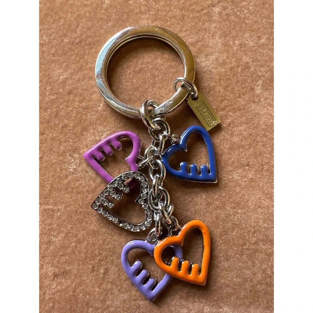 Coach Multi Color Enamel Heart Charm Keychain Silver Tone Rhinestone Key Ring